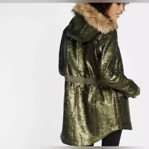 Express Green Sequin Parka With Fur Lining ✨ size Small‎ - Picture 2 of 13